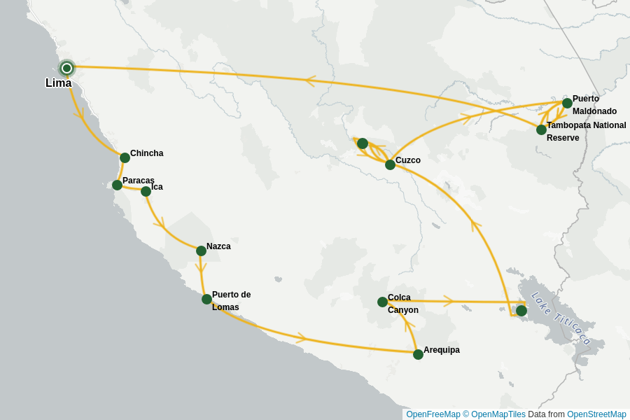 Itinerary Map image for Peru: Wüsten, Anden & Regenwald + undefined