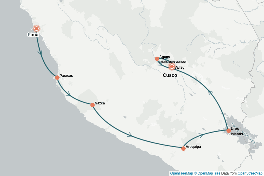 Itinerary Map image for Peru Highlights: Anden, Wüste & Inka