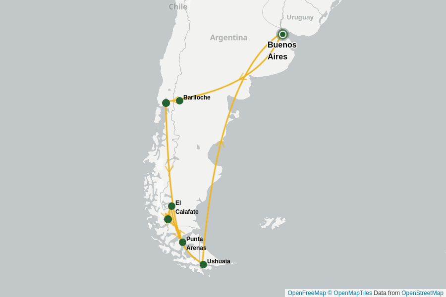 Itinerary Map image for Gipfel & Gletscher: Patagonien für Genießer